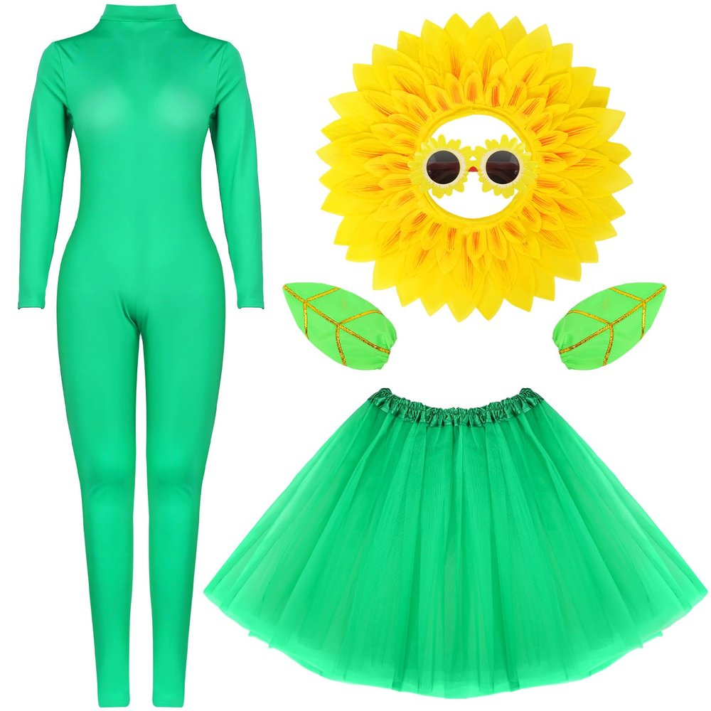 5pcs Sunflower Halloween Costumes for Women Cosplay Green Bodysuit Skirt Yellow Hood Headpiece Glasses Leaf Glove Accessory