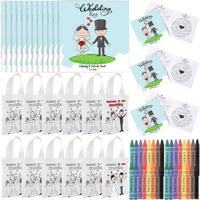 Tenceur 12 Set Wedding Activities Include Coloring Book, Non Woven Favors Bags and Activity Crayons for Scavenger Hunt Game Reception