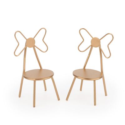 Miniature Chairs Set of 2Pcs Dollhouse Furniture Bistro Chair (Pack of 2) Butterfly Backrest Designed Miniature Soldier Metal Chair Model Accessories Iron Dinning Decoration (Rose Golden)