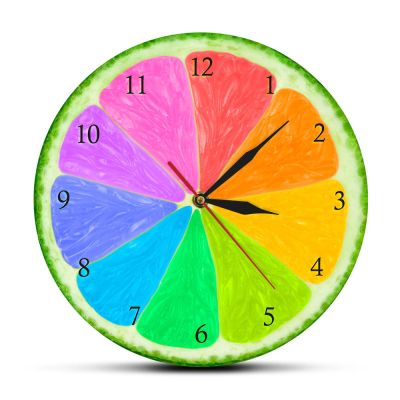 OTKU 30cm Wall Art Print Wall Clock Nine Kinds of Color Fruit Exclusive Wall Clock Nursery School Decor for Kid Room Colourful Citrus Rainbow Wall Watch for Modern Home Decor