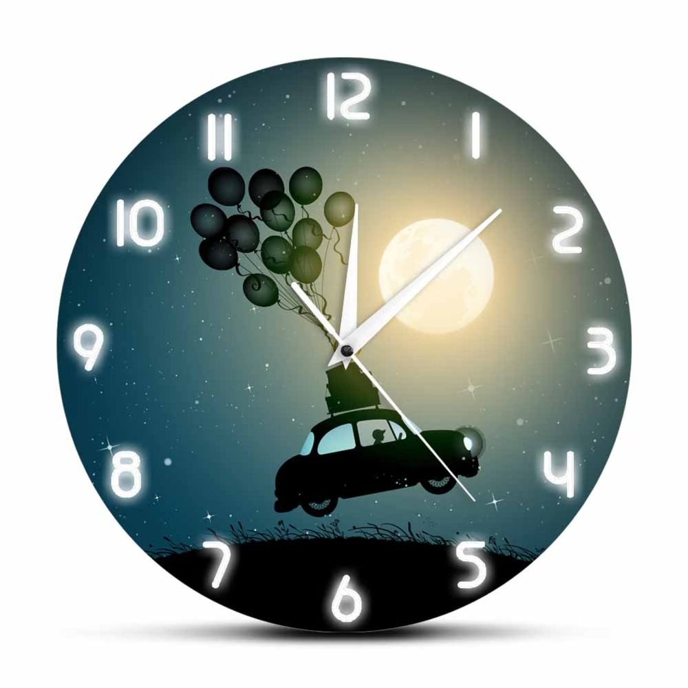 OTKU 30cm Silent Wall Clock Retro Car Flying On Ballons Silent Sweep Clock for Nursery Kids Room Driving with Full Moon Decorative Surreal Designer Clock for Modern Home Decor