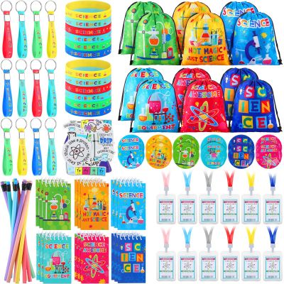 Zhanmai 140 Pcs Science Party Favors Include 12 Keychain 18 Mini Notebooks 50 Science Stickers 12 Bracelets 12 Science Name Badge 12 Drawstring Bags 12 Bendable Pencils 12 Button Pins for Kids Party