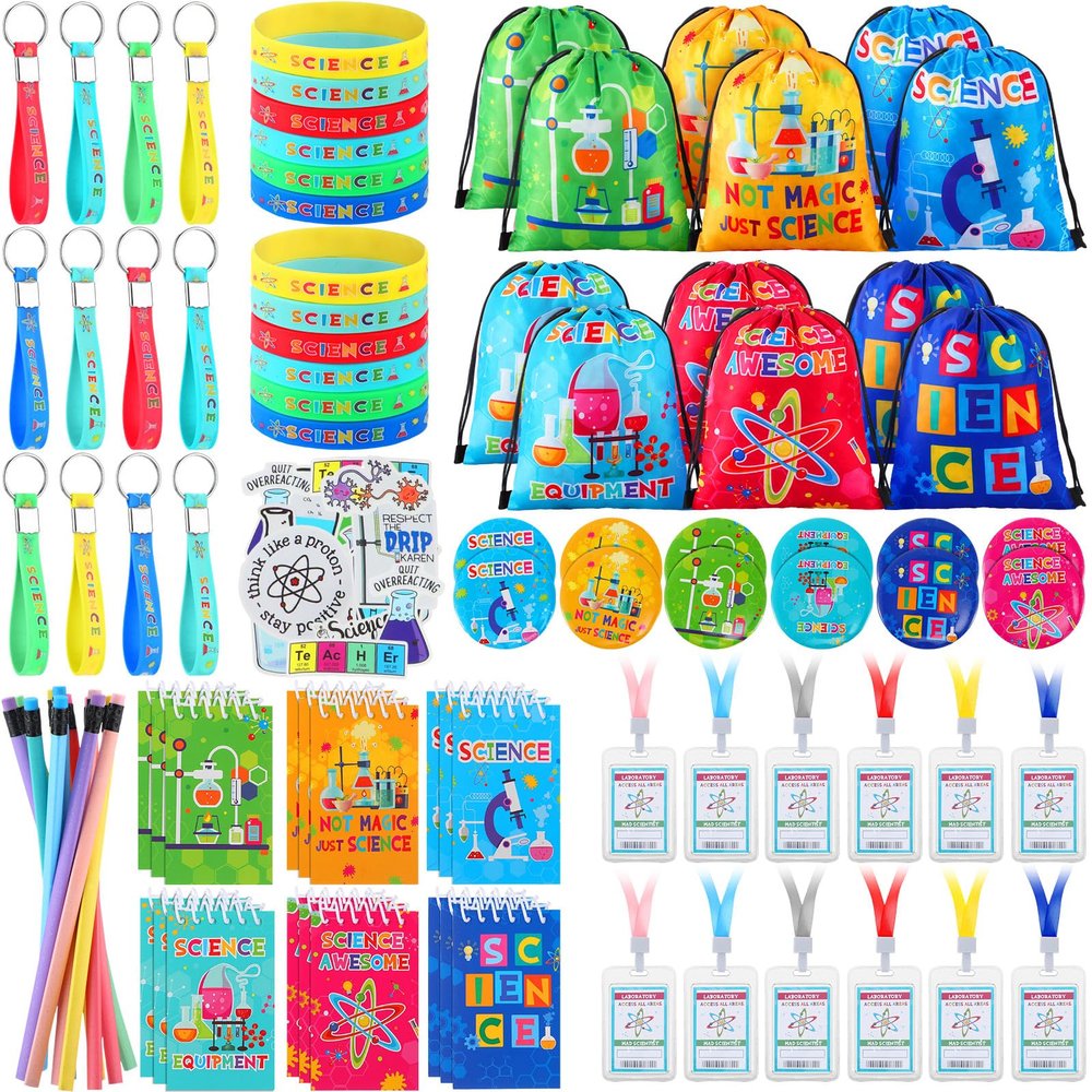 Zhanmai 140 Pcs Science Party Favors Include 12 Keychain 18 Mini Notebooks 50 Science Stickers 12 Bracelets 12 Science Name Badge 12 Drawstring Bags 12 Bendable Pencils 12 Button Pins for Kids Party