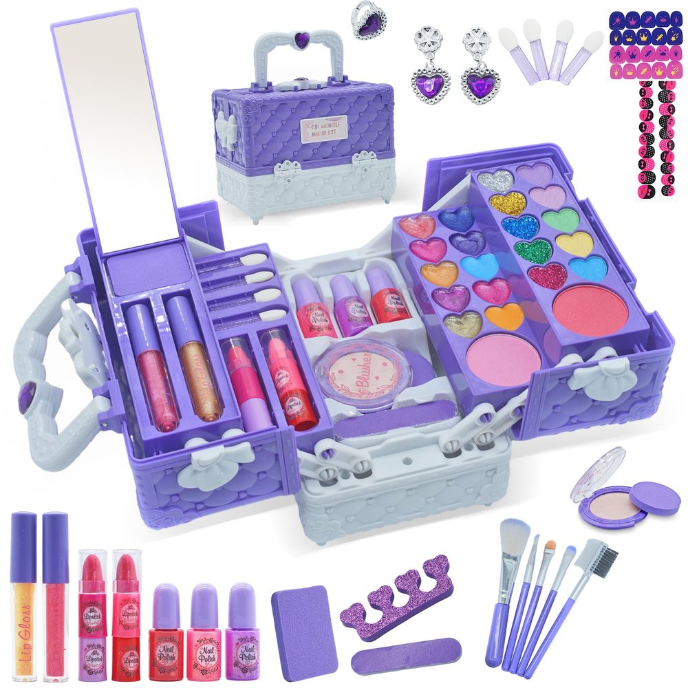 Kids Makeup Sets for Girls - 52 PCS Safe and Washable Makeup for Kids, Real Toddler Makeup Kit with Cosmetic Case, Girls Toys Age 4-12, Princess Toys Birthday Gifts(Dark Purple)