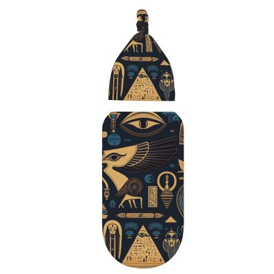 Newborn Swaddle Set Baby Receiving Blanket Infant Beanie Hat for Boys Girls, Egyptian Symbols Hieroglyphs Mascots vintage