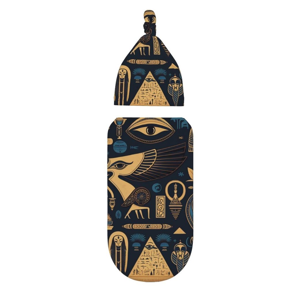 Newborn Swaddle Set Baby Receiving Blanket Infant Beanie Hat for Boys Girls, Egyptian Symbols Hieroglyphs Mascots vintage