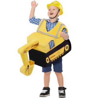 Toulite Halloween Digger Ride On Child Costume - Yellow 3D Bulldozer Construction Worker Costume with Construction Hat for Kids Cosplay Occupation Party, 4 Years