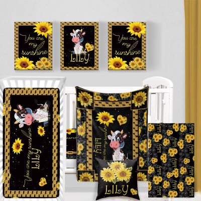 Custom Baby Crib Bedding Set - Personalized Name 5 Piece Nursery Crib Set Cartoon Design - Comfortable Blanket, Crib Sheet, Changing Pad Cover, Pillowcase, Wall Art Nursery Decor for Newborns Style F