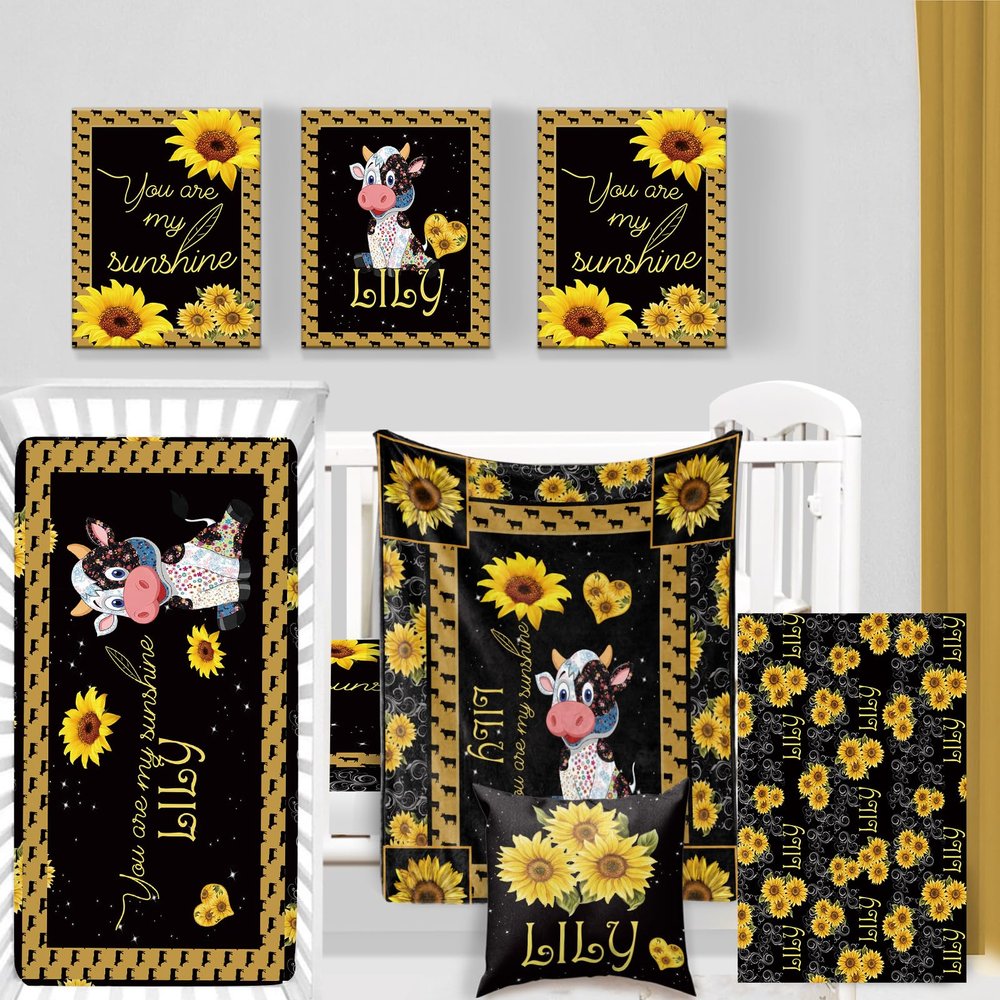 Custom Baby Crib Bedding Set - Personalized Name 5 Piece Nursery Crib Set Cartoon Design - Comfortable Blanket, Crib Sheet, Changing Pad Cover, Pillowcase, Wall Art Nursery Decor for Newborns Style F
