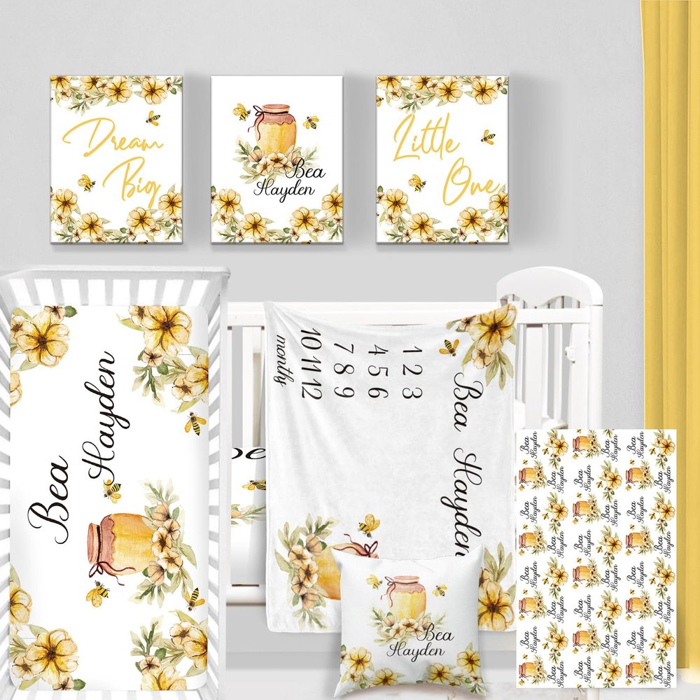 Custom Baby Crib Bedding Set - Comfortable 5 Piece Crib Set Cartoon Animals Design - Personalized Name Blanket, Crib Sheet, Changing Pad Cover, Pillowcase, Wall Art, Nursery Decor for Newborns Style J