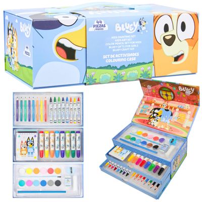 Bluey Colored Pencils Art Supplies for Boys Girls Drawing Kit Painting School Supplies Art Kit Travel Case Gifts for Kids (Blue 3 Tier)