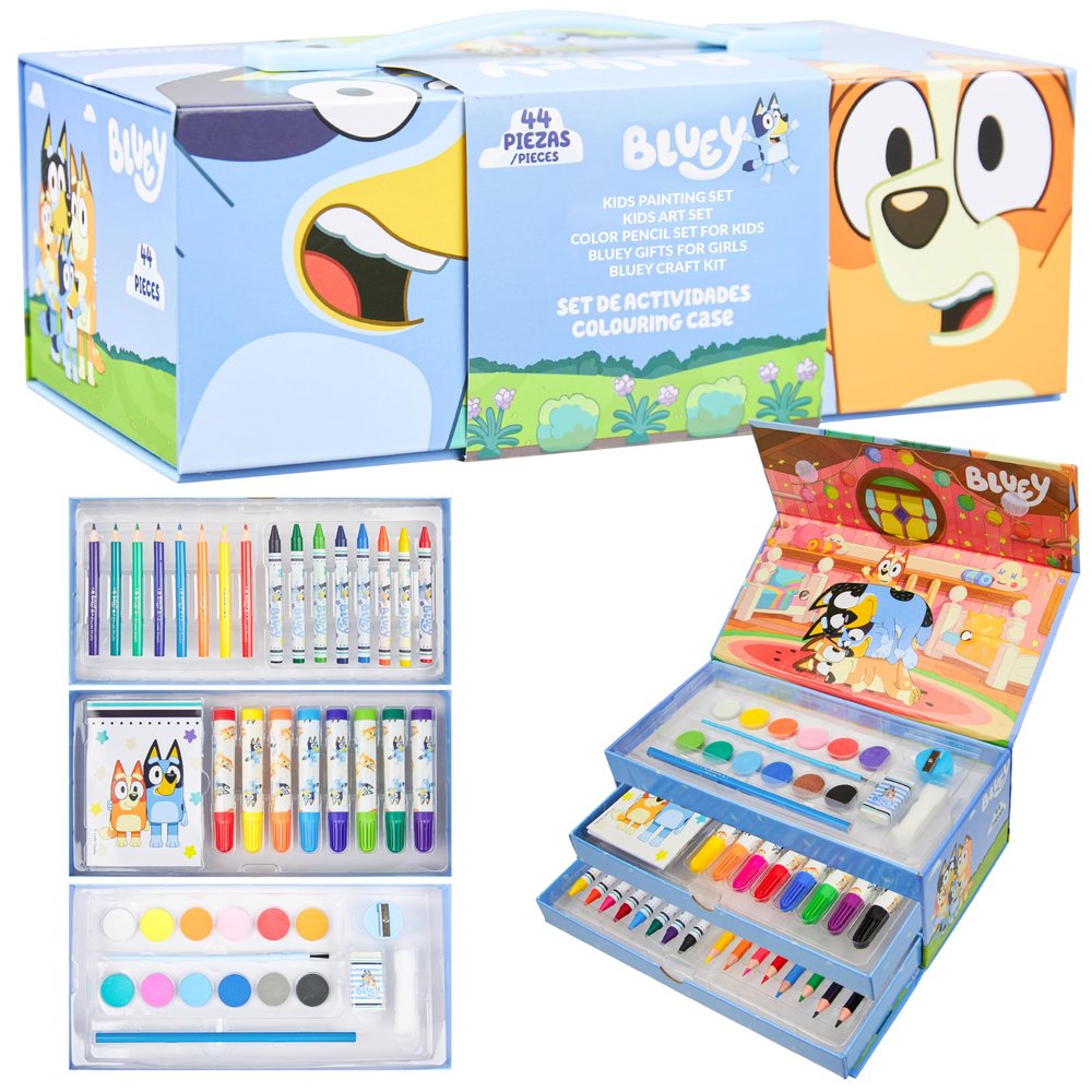Bluey Colored Pencils Art Supplies for Boys Girls Drawing Kit Painting School Supplies Art Kit Travel Case Gifts for Kids (Blue 3 Tier)