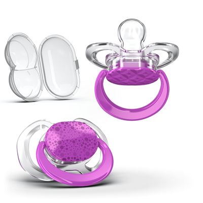 Smilo Baby Pacifier - 2 Pack of Slimline Pacifiers for Babies with Sterilization Box - Stage 1 for Babies 0-3 Months - 100% Silicone Newborn Pacifiers BPA Free - Plum Purple