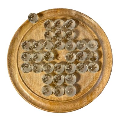 30cm Diameter Mango wood SOLITAIRE BOARD GAME with 30mm FROSTED GLOBE GLASS MARBLES | classic wooden solitaire game | strategy board game | family board game