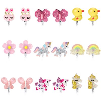 9 Pairs Girls Clip On Earrings Jewel in Box, Toddler Butterfly Jewelry, Cute Animal Clip on Earrings for Little Girls, Unicorn Earring Set, 3-10 Year Old Girl Birthday Gifts