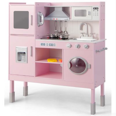 INFANS Kid Kitchen Playset, Toddler Wooden Pretend Cooking Set with Realistic Light & Sound, Stove, Sink, Microwave, Storage Cabinet, Play Kitchen Toy Set for Children Boys Girls
