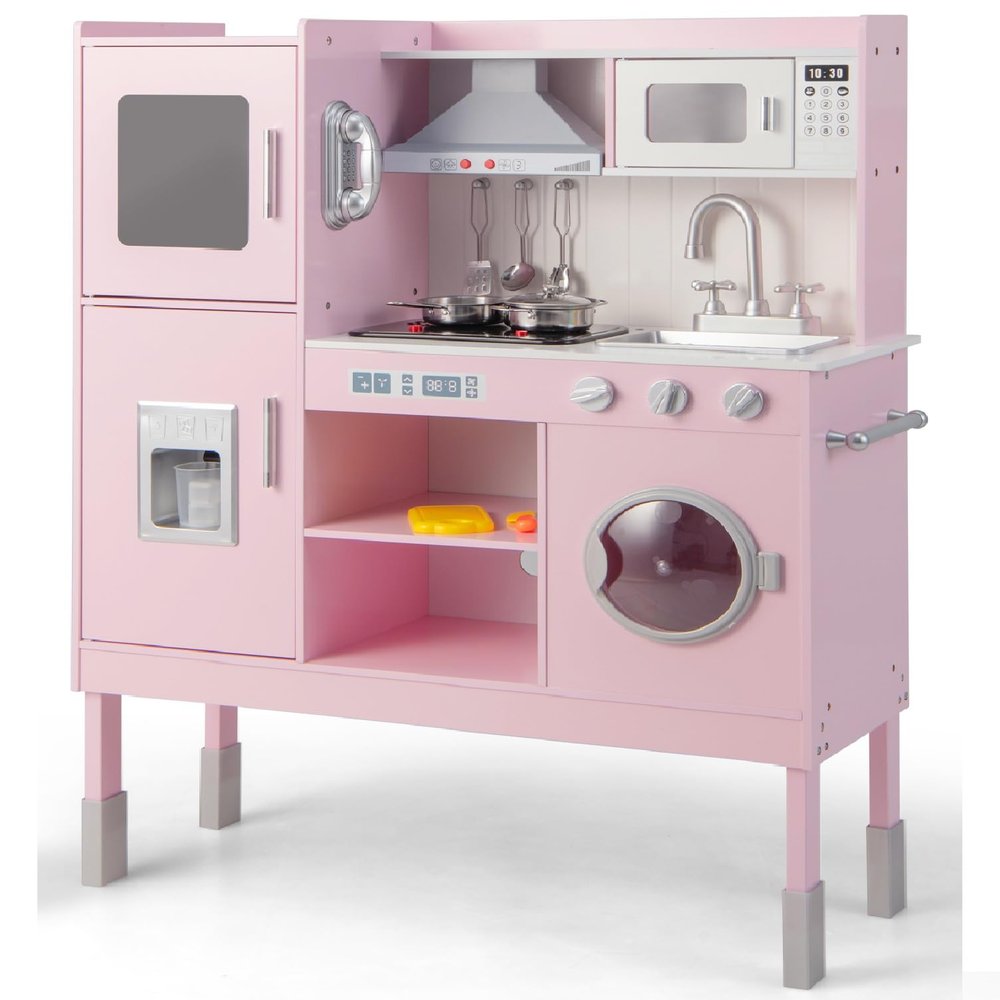 INFANS Kid Kitchen Playset, Toddler Wooden Pretend Cooking Set with Realistic Light & Sound, Stove, Sink, Microwave, Storage Cabinet, Play Kitchen Toy Set for Children Boys Girls