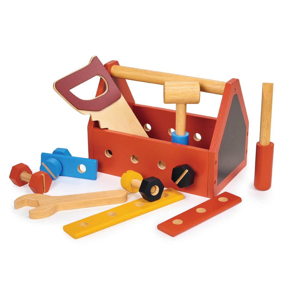 Mentari Toys - Chippy's Handy Tool Kit - Wooden Toy Toolbox with Saw, Hammer, Wrench, Screwdriver, Chalkboard, Bolts & Planks - Encourages Fine Motor Skills, Creativity & Imaginative Play - Age 3+