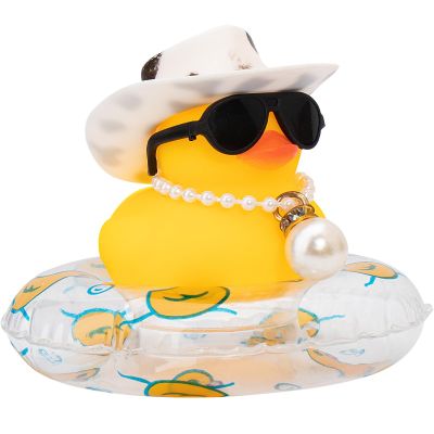 wonuu Car Rubber Duck, Yellow Duck Decoration Dashboard with Sun Hat Swim Ring Necklace Sunglasses for Car Dashboard Decorations, Black White Cowboy Hat-Transparent-Big Pearl