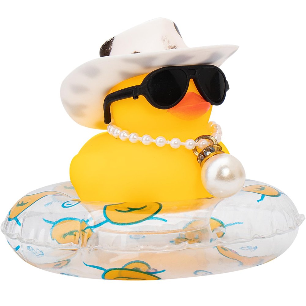 wonuu Car Rubber Duck, Yellow Duck Decoration Dashboard with Sun Hat Swim Ring Necklace Sunglasses for Car Dashboard Decorations, Black White Cowboy Hat-Transparent-Big Pearl