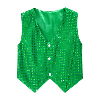 vastwit Kids Boys Girls Waistcoat Sequined Vest Sleeveless Buttons Jacket Hip-hop Jazz Dance Party Tops Green 14-15 Years