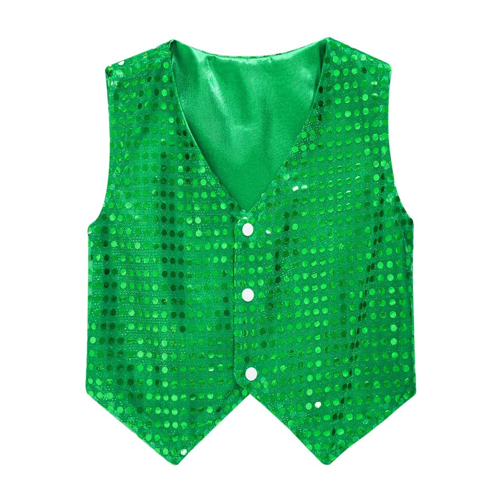 vastwit Kids Boys Girls Waistcoat Sequined Vest Sleeveless Buttons Jacket Hip-hop Jazz Dance Party Tops Green 14-15 Years