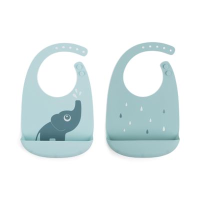 Done by Deer Elphee Blue Silicone Bib 2-Pack - Waterproof, Adjustable, Easy Clean Bibs with Large Pocket