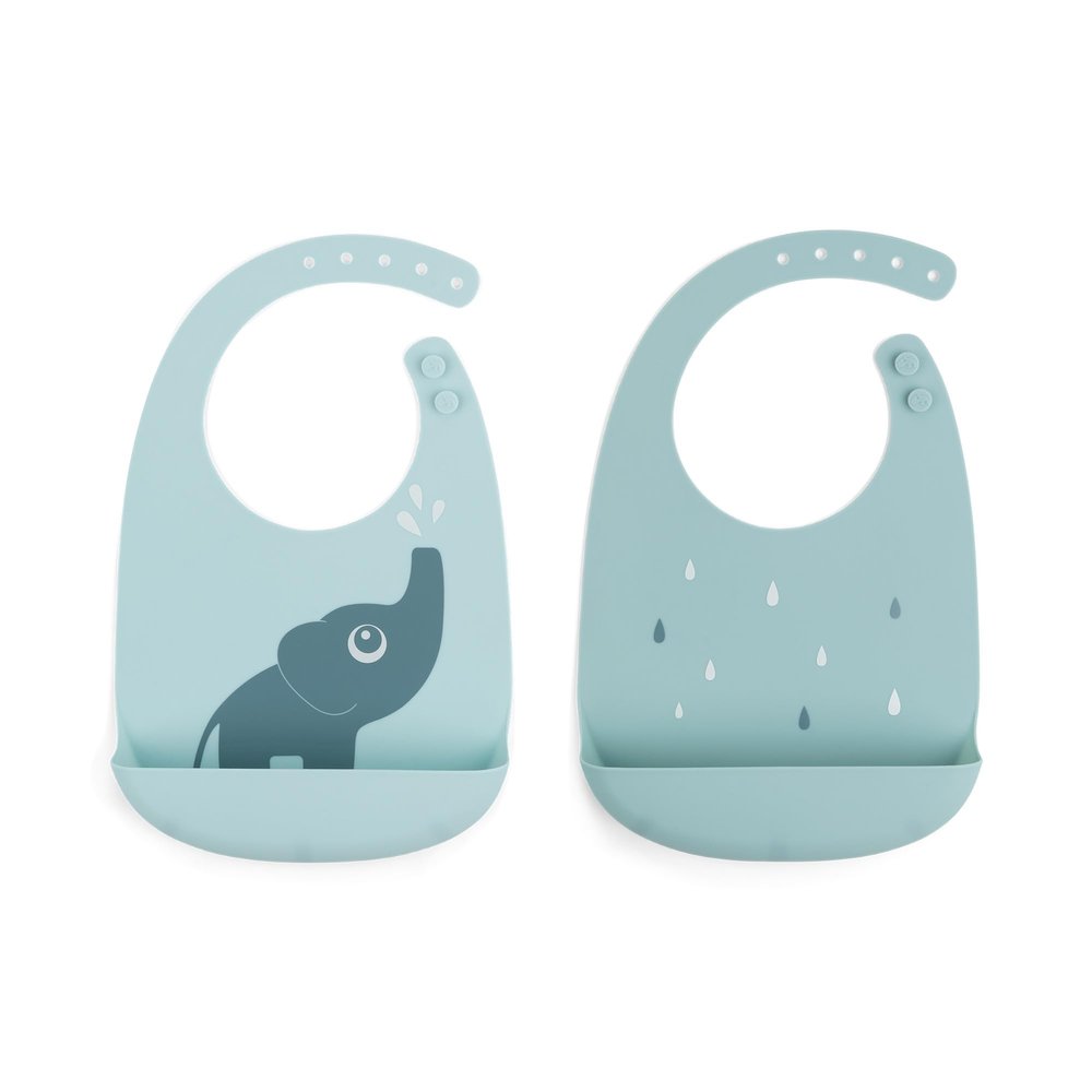 Done by Deer Elphee Blue Silicone Bib 2-Pack - Waterproof, Adjustable, Easy Clean Bibs with Large Pocket