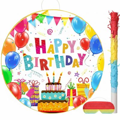 Aoriher Birthday Piata Birthday Piata Colorful Happy BDAY Balloons Piata with Bat Stick Blindfold Mask for Colorful BDAY Theme Party Game Supplies Decoration, 12.6 x 12.6 x 3 Inch