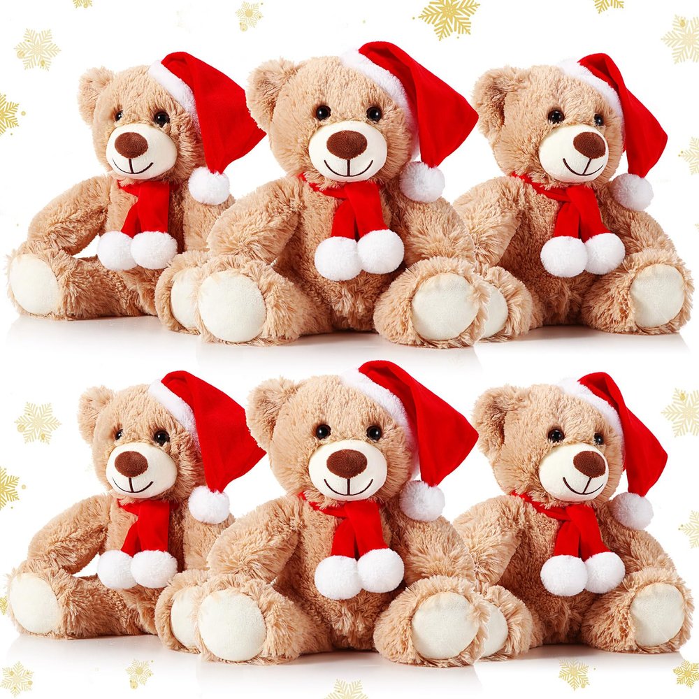 Aoriher 6 Pcs Christmas Bear Bulk Stuffed Animal Plush Operation Christmas Baby Shower Winter Bear Toys Soft Cute Xmas Dolls Decorations (Khaki)