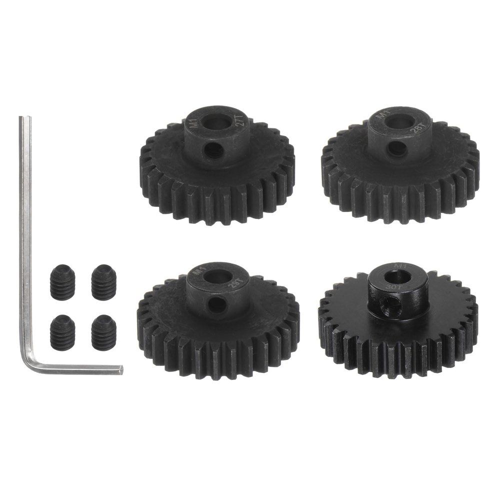 HARFINGTON Mod 1 M1 Pinion Motor Gear Set 4pcs 27T 28T 29T 30T Fit 5mm RC Motor Shaft M1 Pitch Gears for RC Car, with Hex Key