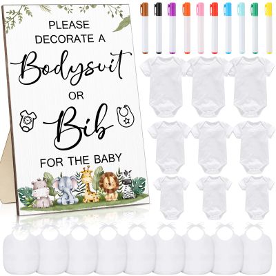 Roowest 35 Pcs Baby Shower Bibs Games Design Wooden Baby Shower Party Game Sign DIY Bodysuit Sign 15 White Blank Bibs 9 Bodysuit 10 Markers for Party Supplies(Jungle)