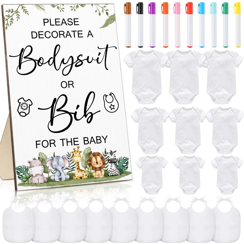 Roowest 35 Pcs Baby Shower Bibs Games Design Wooden Baby Shower Party Game Sign DIY Bodysuit Sign 15 White Blank Bibs 9 Bodysuit 10 Markers for Party Supplies(Jungle)