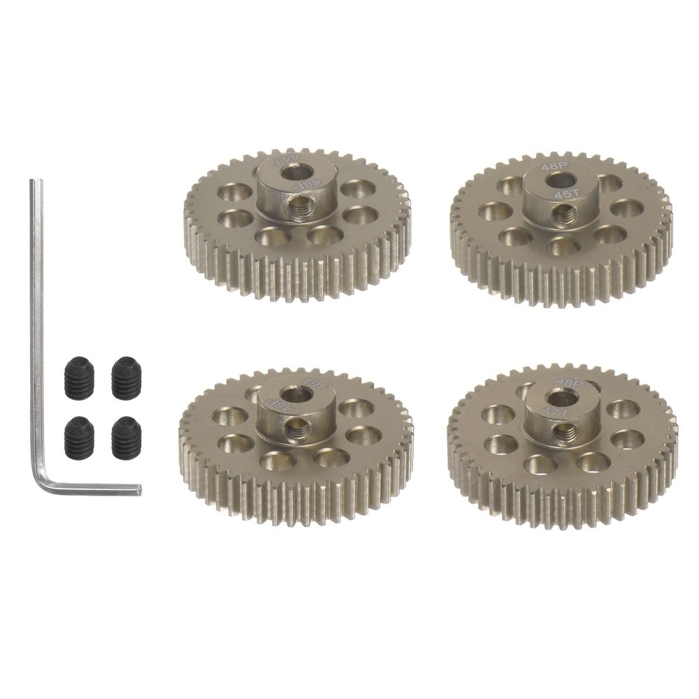 HARFINGTON 48P Hardened Pinion Motor Gear Set 4pcs 44T 45T 46T 47T Fit 1/8 inch RC Motor Shaft 48 Pitch 7075 Aluminum Gears for RC Car, with Hex Key