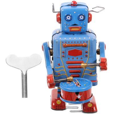 SAFIGLE Wind up Vintage RobotClockwork Drumming Robot Tinplate Toy - Retro Wind-up Collectible for Home Decor, Interactive Fun, and Thoughtful Presents, 3.74 Inches, Blue
