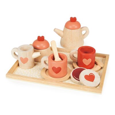 Mentari Toys - Tea Time Tray Set - 14pc Wooden Pretend Play Tea Set with Teapot, Cups, Saucers & Biscuits - Role-Play Tea Party Toy - Encourages Imagination, Motor Skills & Social Play - Age 3+