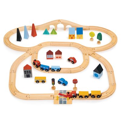 Mentari Toys - Town Train Set - Wooden Train with Magnetic Carriages, Buildings, Trees, Road Signs and Bridge - Compatible with Major Brands - Encourages Imaginative Play and Storytelling - Age 3+