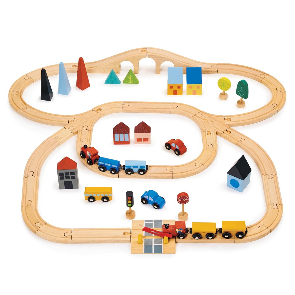 Mentari Toys - Town Train Set - Wooden Train with Magnetic Carriages, Buildings, Trees, Road Signs and Bridge - Compatible with Major Brands - Encourages Imaginative Play and Storytelling - Age 3+