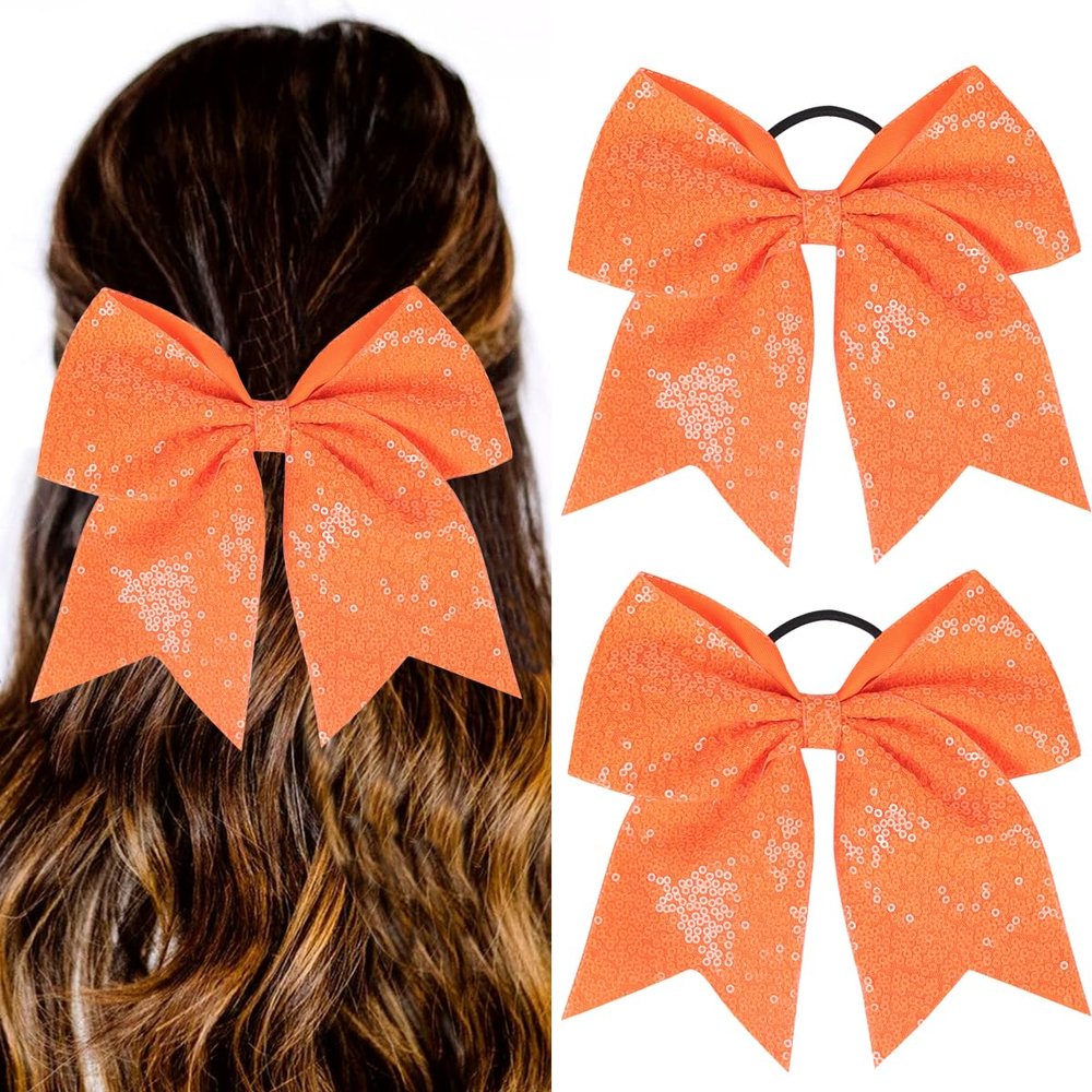 2 PCS 7" Large Glitter Cheer Bows Sequin Cheer Hair Bow Ties with Elastic Shiny Hair Bows Ponytail Holder Handmade for Cheerleader Girls Softball Sports Hair Accessories for Teens Kids(Orange)