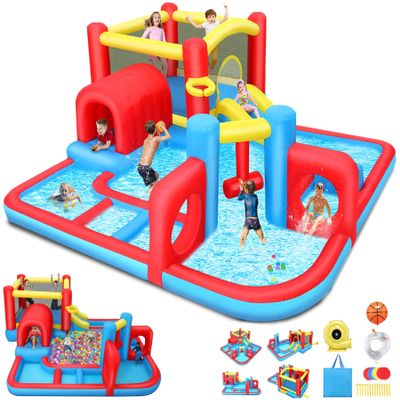 Bounce House Waterslide for Kids 3-12 w/Blower, 14.3 x 14.3FT Inflatable Obstacle Course w/Jump Area, Divided Ball Pit, Slide, Obstacle, Punching Bag, Basketball Hoop & Tunnels for Indoor/Outdoor