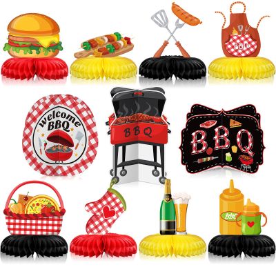 Cholemy 11 Pcs BBQ Party Decorations Honeycomb Centerpieces, Red Gingham Table Toppers for Summer Picnic, Baby Q Shower, Backyard Barbecue Birthday, Carnival Cookout Theme Supplies & Favors