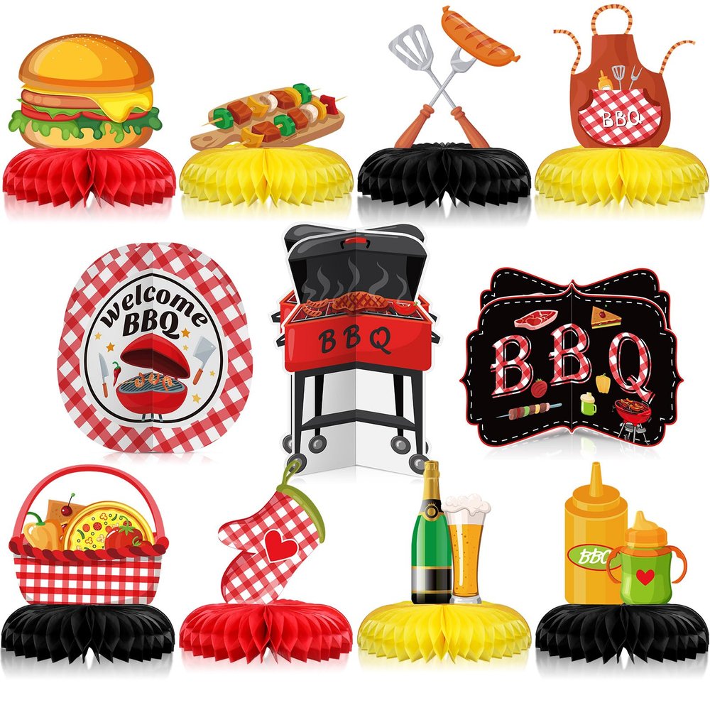 Cholemy 11 Pcs BBQ Party Decorations Honeycomb Centerpieces, Red Gingham Table Toppers for Summer Picnic, Baby Q Shower, Backyard Barbecue Birthday, Carnival Cookout Theme Supplies & Favors