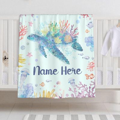 Personalized Custom Baby Blanket with Name - Sea Turtles Swaddle Blanket for Toddlers, Infants, Kids, Newborns - Nursery Stroller Crib Decor Throw - Birthday Gift