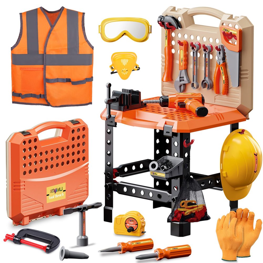 Kids Tool Bench Set,MAGIC4U 95PCS Toddler Tool Workbench with Electronic Drill 13 Tool Equipements,Safety Vest & Hat,Pretend Play Kids Construction Toys Gift for Boys Girls Age 3,4,5,6,7,8