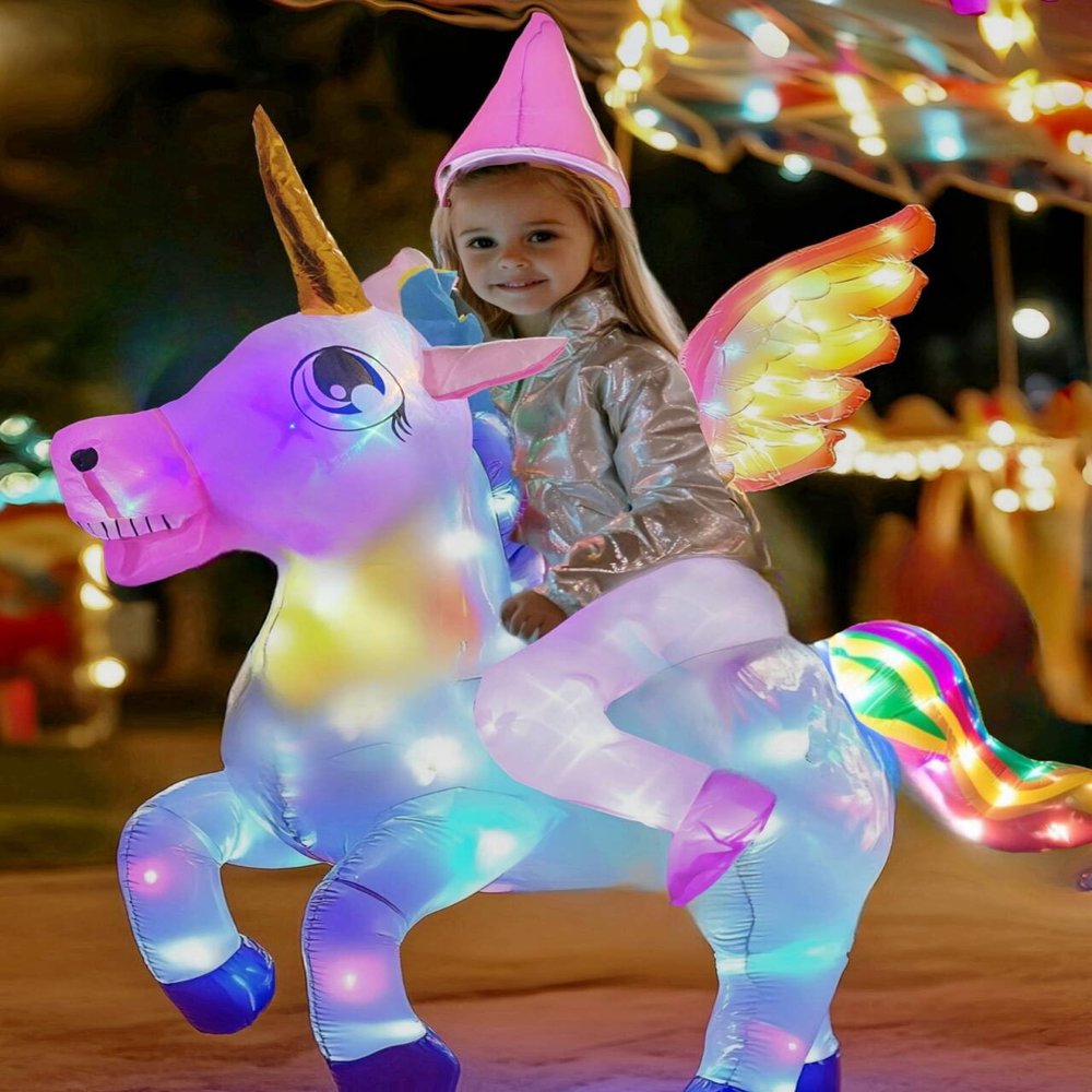 bDDeDD Kids Inflatable Unicorn Costume, Riding Unicorn Air Blow-up Deluxe with LED Light for Halloween Party Unicorn M