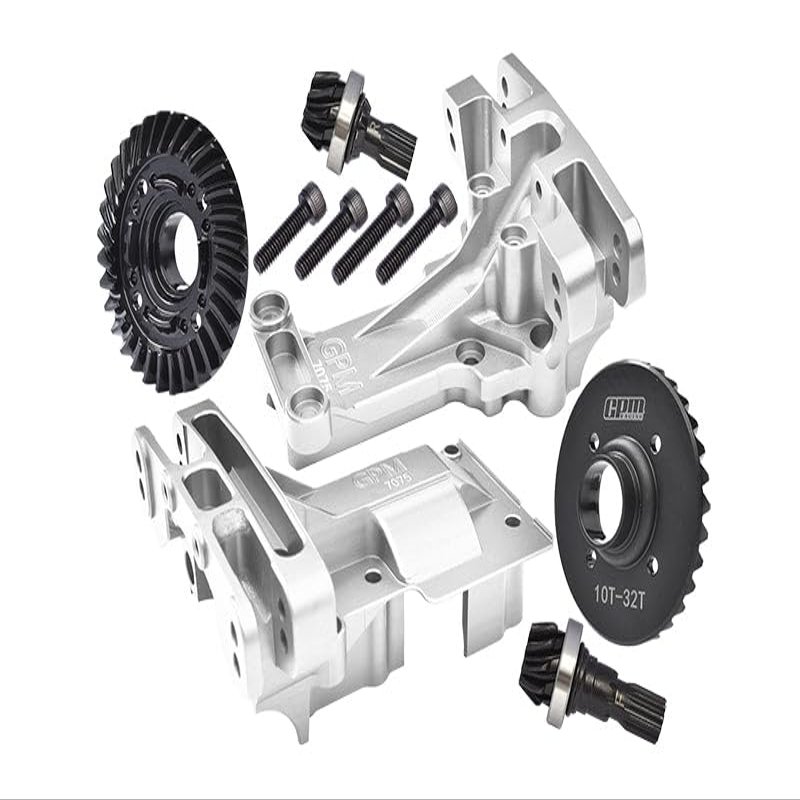 Aluminum 7075-T6 Front and Rear Upper Bulkhead + Medium Carbon Steel 32/10T Front and Rear Differential Gear Set for 1:5 Traxxas X Maxx 8S 77086-4 / XRT 8S 78086-4 Monster Truck Upgrades - Silver