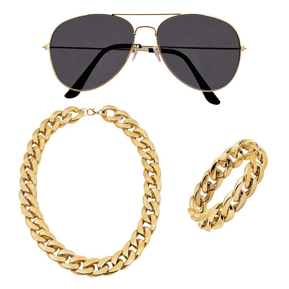 Costume Set - Golden Necklace Bracelet Glasses Macho Rapper Rocker Costume