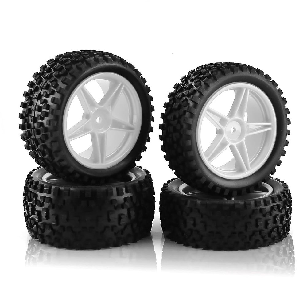 Chanmoo 1/10 RC Off Road Tires and Wheels Rims 12mm Hex Set Front and Rear 87mm Rubber Buggy Tyres Foam Inserts for 1:10 Off-Road Car HSP Kyosho HPI Tamiya HSP 94107 94166 94106 94155 4PCS (White)