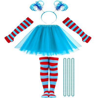 Hikkcos Halloween Costume Tutu Skirt Set Striped Knee Socks 3 Layered Tulle Tutu Skirt, Ponytails Headband for Book Character Costume Accessory Set for Women Adult Cosplay Party