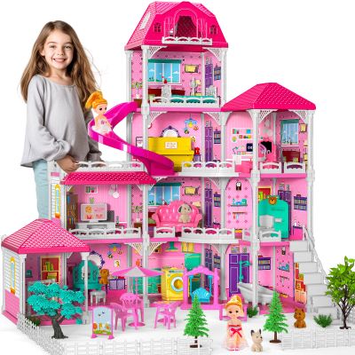 Doloowee Dolls House for Girls Toys, 4 Stories 10 Rooms Dollshouse with 2 Princesses Slide Accessories, Playset for Toddler Playhouse Gift for for 3 4 5 6 7 8+ Year Old Girls Toys